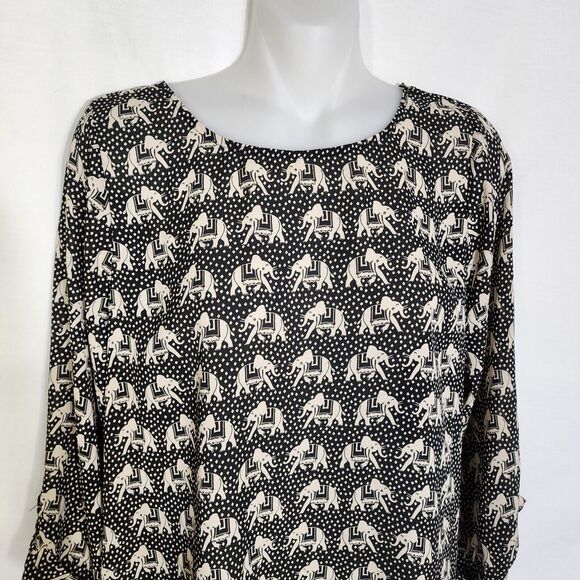 Pixley Womens Top Blouse Size Small Elephant Print 3/4 Roll Tab Sleeve Black Tan - Picture 3 of 10